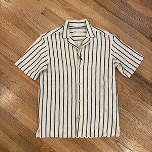 ZARA Shirt Mens Beige Stripe Button Up Camp Collar Relaxed Fit Coastal Size Sm